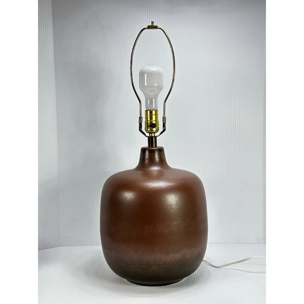 Vintage Bostlund‎ Rich Brown Glaze Pottery Table Lamp With Shade Mid Century Mod